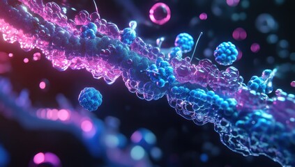 Abstract, glowing, fluid,  structures.  Pink and blue,  flowing,  3D,  particles