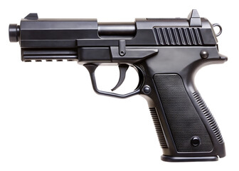 Black semi automatic pistol with textured grip and tactical rail isolated on a transparent background