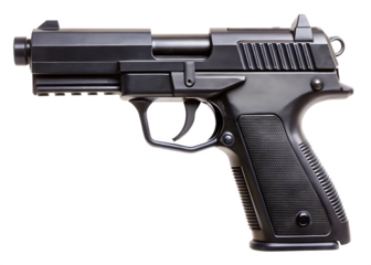 Black semi automatic pistol with textured grip and tactical rail isolated on a transparent background