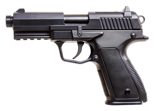 Black semi automatic pistol with textured grip and tactical rail isolated on a transparent background