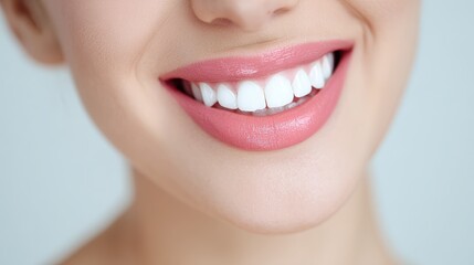 Fototapeta premium A close-up of a woman smiling, showing white teeth and pink lips, conveying happiness and dental health