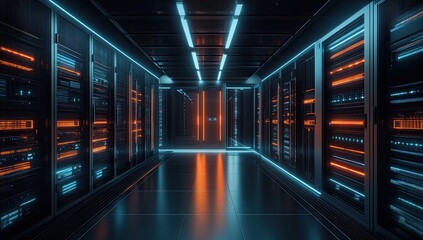 Futuristic server room illuminated by vibrant neon lights