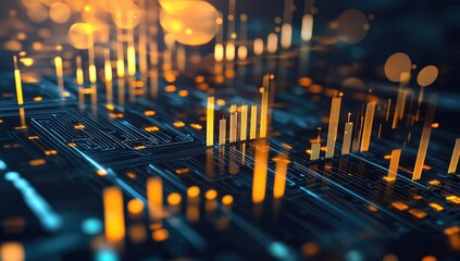 Abstract circuit board with glowing data visualizations