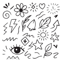 Cute doodle icon set. Flowers, hearts, sun, lightning, children's design drawings.