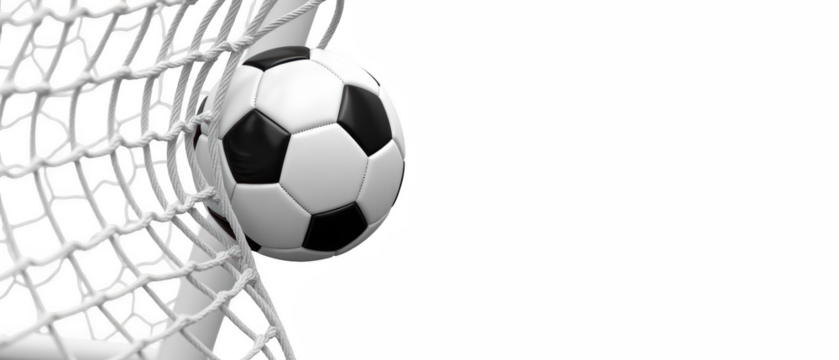 Soccer ball hitting net, showcasing excitement of scoring goal in match. image captures dynamic moment of ball entering goal