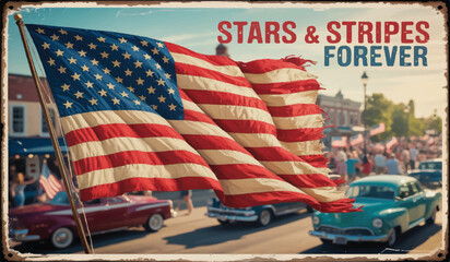 "Stars & Stripes Forever": Classic Cars & Waving American Flag in a Patriotic Parade Scene

