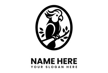 A minimalist black and white logo featuring a parrot perched on a branch within an oval frame.