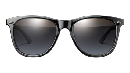 Black Wayfarer style sunglasses with gradient lenses and silver rivets isolated on a transparent background