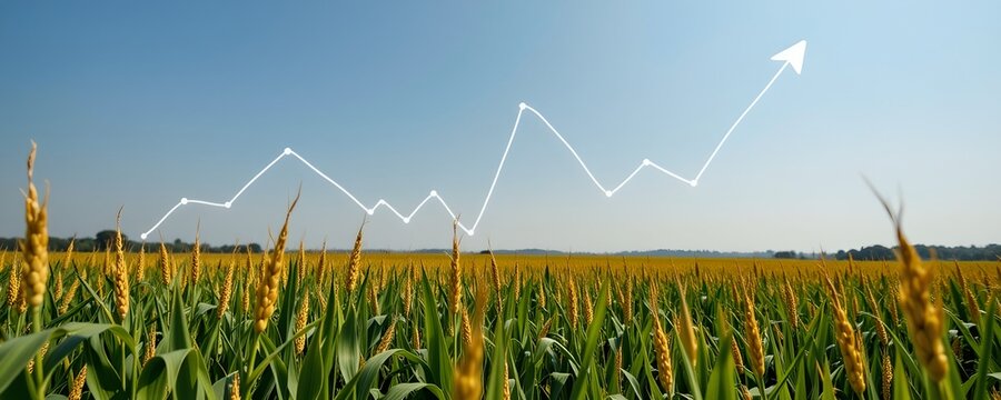 precision corn farm, growth and yield icons floating, data driven farming concept, digital render, drone view — agri sensor field, smart crop monitoring