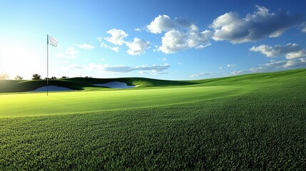 A sunny golf course with a flag near the hole, lush green grass, blue sky, and scattered clouds.