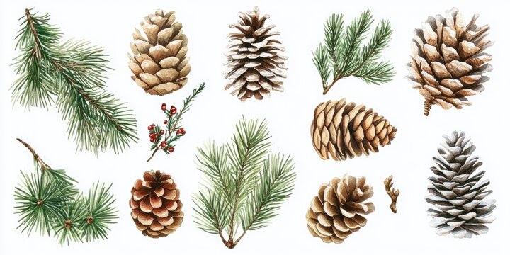 Watercolor illustration of pine cones, branches, and berries
