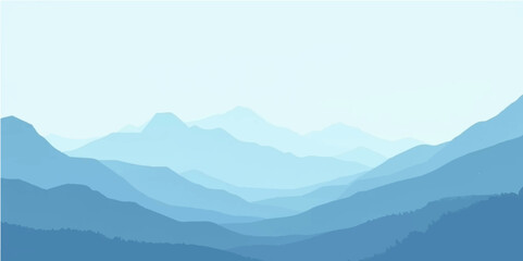 Abstract blue landscape with layered foggy mountain silhouettes and cold airy gradient design

