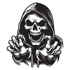Scary skull with sharp fangs wearing hoodie with open mouth and hands with sharp claws about to grab, vector image.