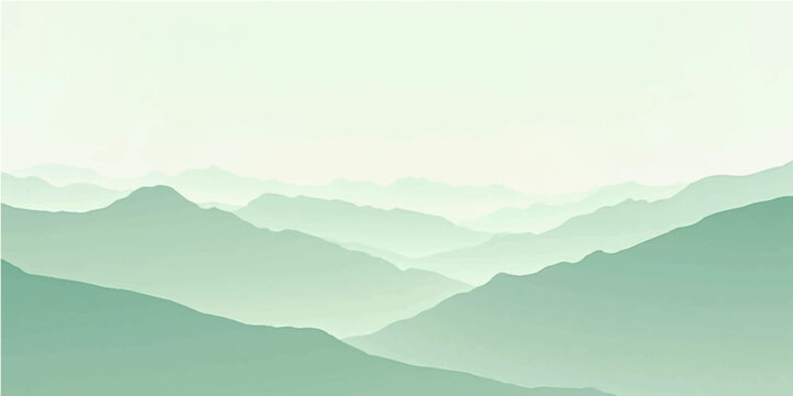 Flat green layered horizon mountain illustration in soft pastel color tones with fog and contour lines

