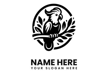 A stylized black and white logo featuring a parrot perched on a branch within a circular frame.