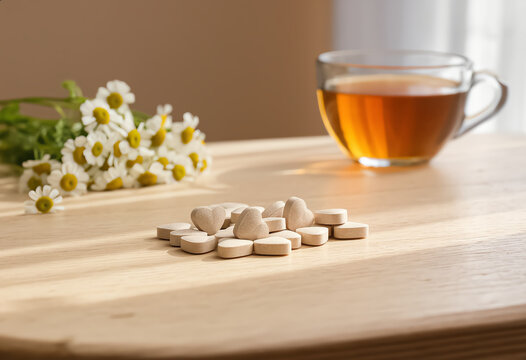 Heart-shaped vitamins on light wooden table with chamomile bouquet and herbal tea.