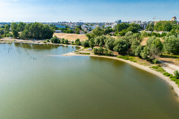 Novi Sad, Serbia - June 27, 2025: Aerial view of Danube island (Šodroš) near Novi Sad, Serbia.
