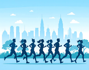 Group Marathon Runners City Skyline