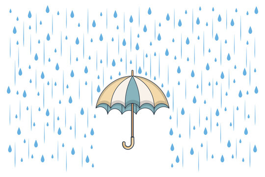 Cartoon vector of colorful umbrella and rain drops falling, flat design in pastel tones for cute weather backgrounds, kids illustrations, and print-ready art

