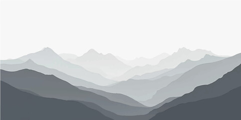 A serene mountain landscape unfolds with mist-kissed peaks, vibrant blue skies, and soft clouds at sunrise, offering a breathtaking panoramic view