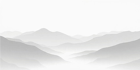 Soft white snowy mountain peaks layered in fog with minimal gray tones for winter background design