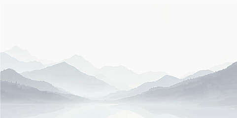 Minimal light grey mountain illustration with soft peaks and monochrome foggy winter ambiance