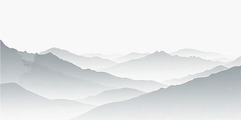 Gentle fog-covered snowy mountain layers in soft grey and white tones for peaceful design