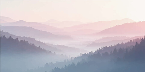 Foggy mountain landscape in the morning light with mist covering the hills and valleys