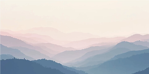 Misty morning mountains unfold a scenic landscape as the sun rises, casting a beautiful light through the clouds and fog, revealing the range and distant hills