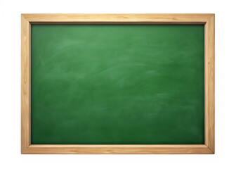 Blank green school chalkboard with wooden frame and subtle chalk dust isolated on a transparent background