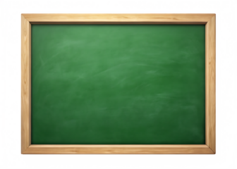 Blank green school chalkboard with wooden frame and subtle chalk dust isolated on a transparent background