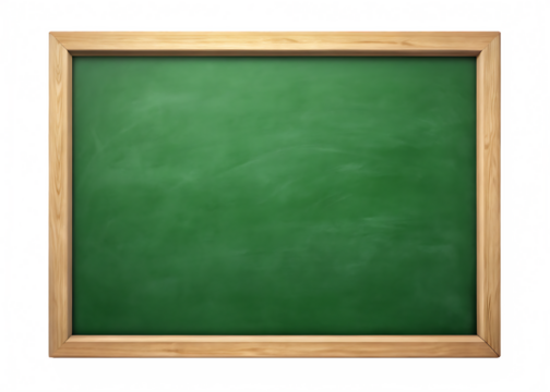 Blank green school chalkboard with wooden frame and subtle chalk dust isolated on a transparent background - Powered by Adobe