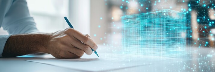 Person writing, architectural design overlay