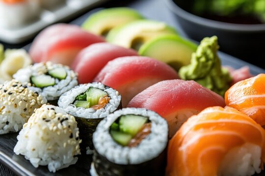 Variety of colorful sushi rolls with salmon and tuna