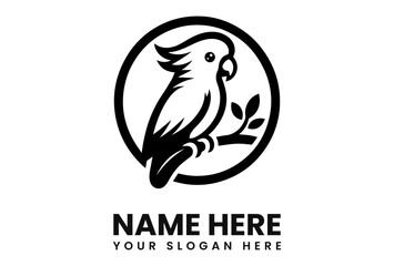 A stylized black and white logo of a cockatoo perched on a branch within a circle.