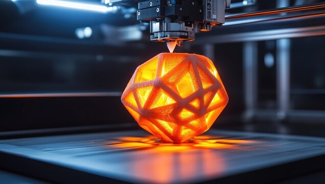 3D printer creating a glowing orange geometric object