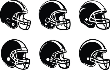 Football helmet silhouette set, protective gear icon, black line art, American sport vector, head safety illustration