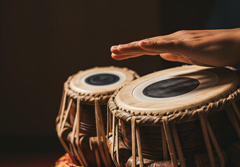 Hands playing indian tabla drums close up