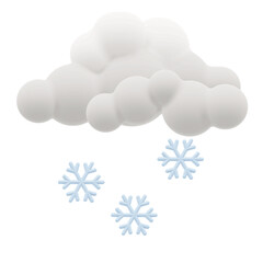 3D vector weather icon showing fluffy white clouds with falling snowflakes. A soft and clean representation of snowy weather, isolated.