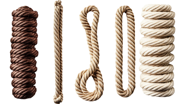 Set of twisted hemp rope isolated on a white background, featuring nautical knots and a golden heart loop