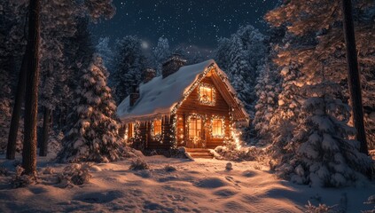 Snowy cabin bathed in warm light, nestled in a wintry forest under a starry night