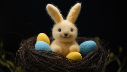 A fluffy yellow Easter bunny sits in a nest with colorful eggs