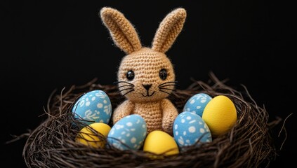 Crocheted bunny in nest with eggs