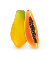 Whole ripe papaya fruit and half with seeds isolated with clipping path. Isolated papaya