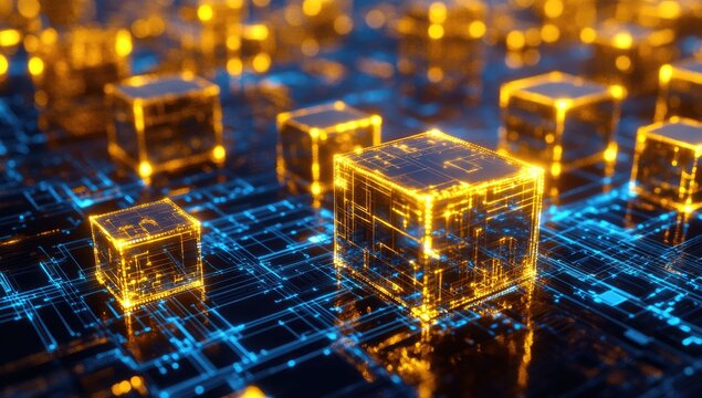 Abstract digital circuit board with glowing cubes - Powered by Adobe