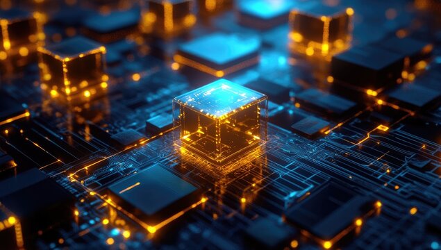 Abstract circuit board with glowing cubes