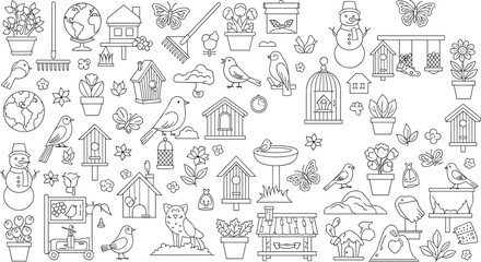  Garden birdhouse vector set with birds, flowers, trees, tools, snowman, butterfly, nature elements, black and white outline illustration

flat vector illustration