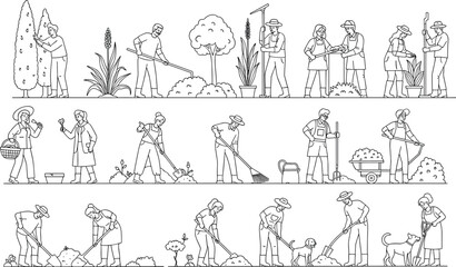 Gardening people line drawing, garden tools, planting, watering, trimming, teamwork, outdoor farming activity, landscaping, spring work illustration, farming scene

 flat vector illustration