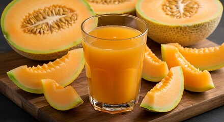 A glass with melon juice and several melons around it cut on a wooden board and a sold bottom