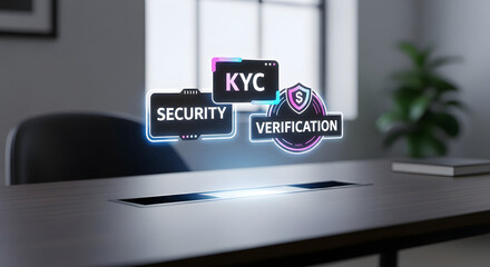 Floating kyc security and verification icons above a modern conference table room on transparent background
